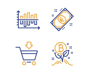 Online market, Euro money and Diagram chart icons simple set. Bitcoin project sign. Shopping cart, Cash, Presentation graph. Cryptocurrency startup. Finance set. Linear online market icon. Vector