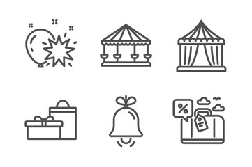 Circus tent, Balloon dart and Bell icons simple set. Carousels, Gifts and Travel loan signs. Attraction park, Alarm signal. Holidays set. Line circus tent icon. Editable stroke. Vector