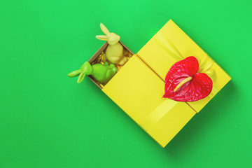 Yellow easter giftbox with two bunnies on green background