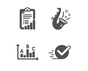 Set of Checklist, Jazz and Survey results icons. Checkbox sign. Graph report, Saxophone, Best answer. Approved.  Classic design checklist icon. Flat design. Vector