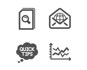 Set of Search files, Web mail and Quick tips icons. Diagram chart sign. Magnifying glass, World communication, Helpful tricks. Presentation graph.  Classic design search files icon. Flat design
