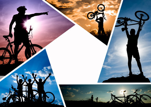 Collection of photos with bike, biker, and travel themes over sunset sky