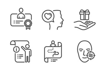 Journey path, Certificate and Loyalty program icons simple set. Manual doc, Romantic talk and Problem skin signs. Project process, Best employee. People set. Line journey path icon. Editable stroke