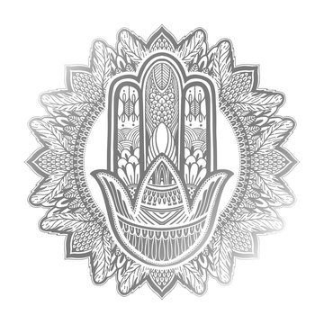 Hamsa talisman religion Asian. Silver color graphic in white background. Symbol of protection and talisman against the evil eye.Tattoo motif.