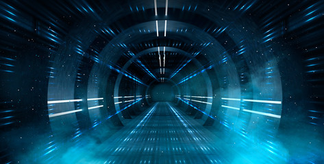 Abstract tunnel, corridor with rays of light and new highlights. Abstract blue background, neon....
