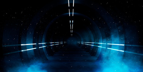 Abstract tunnel, corridor with rays of light and new highlights. Abstract blue background, neon....