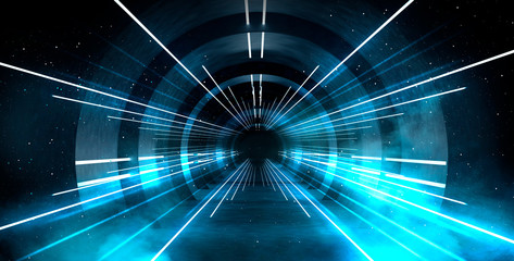 Abstract tunnel, corridor with rays of light and new highlights. Abstract blue background, neon. Scene with rays and lines, Round arch, light in motion, night view. - obrazy, fototapety, plakaty