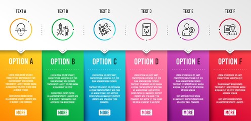 Payment method, Fireworks and Face recognition icons simple set. User idea, Thumb down and Presentation signs. Give money, Party pyrotechnic. People set. Infographic template. 6 steps timeline