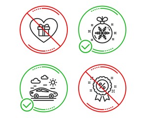 Do or Stop. Romantic gift, Christmas ball and Car travel icons simple set. Discount sign. Surprise with love, Snowflake, Transport. Sale shopping. Holidays set. Line romantic gift do icon. Vector