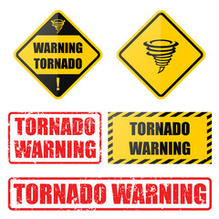 Tornado warning set with road signs and gurnge style stamps and badges. Collection of tornado awareness vector illustrations.