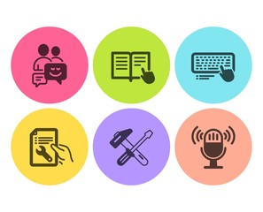 Communication, Computer keyboard and Repair document icons simple set. Read instruction, Hammer tool and Microphone signs. Business messages, Pc device. Business set. Flat communication icon. Vector