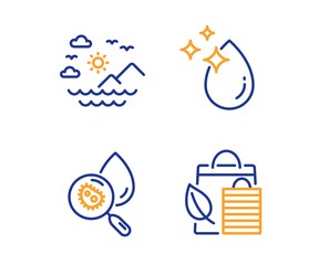 Sea mountains, Water drop and Water analysis icons simple set. Bio shopping sign. Summer travel, Crystal aqua, Aqua bacteria. Leaf. Nature set. Linear sea mountains icon. Colorful design set. Vector