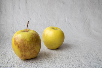 ugly food Two apples, one beautiful one and one spotted on a grey concrete background