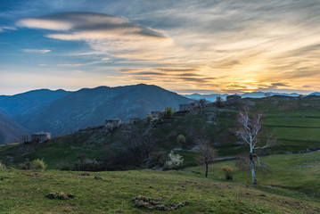 Abandoned village high in the mountain. Peace of paradise during sunset