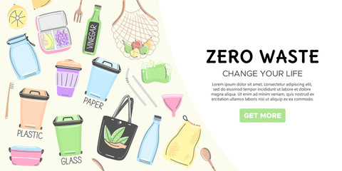 Web template with zero waste objects. Hand drawn flat style. Eco lifestyle. Save planet. Care of nature. Online store. It can be used for landing page, mailing, advertising, header. Vector, eps10