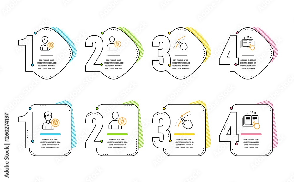 Poster support, swipe up and user idea icons simple set. technical documentation sign. edit profile, touch 