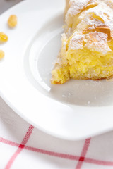 Closeup view of cheese pie with raisins