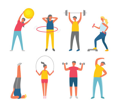 Sporty people set isolated on white, man and woman in sportwear exercising. Ball and dumbbell, hula hoop, skipping rope, stretching or yoga vector