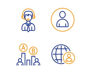 Shipping support, Ab testing and Avatar icons simple set. International recruitment sign. Delivery manager, Test chart, User profile. World business. People set. Linear shipping support icon. Vector