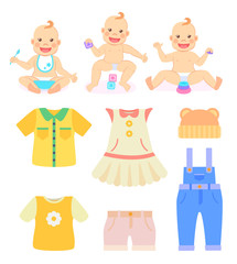 Children and clothes vector, baby holding spoon and eating, kid playing with cubes. Dress for girl and bodysuit for boy, clothing for newborn kiddos