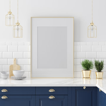 Mock up poster frame close-up in kitchen  interior, American style, 3d render
