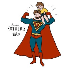 Happy Father's Day super daddy hero with baby boy cartoon vector illustration