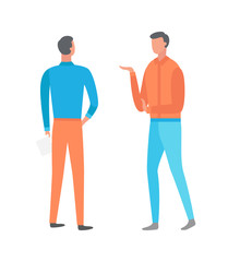 Full length of standing people, portrait and back view, men wearing blue and orange clothes. Posing guy with hand up, flat style of humans vector