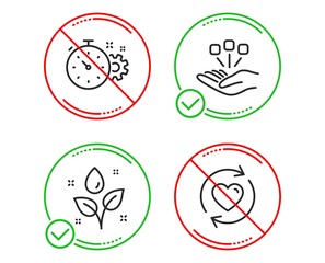 Do or Stop. Cogwheel timer, Plants watering and Consolidation icons simple set. Update relationships sign. Engineering tool, Water drop, Strategy. Refresh love. Line cogwheel timer do icon. Vector