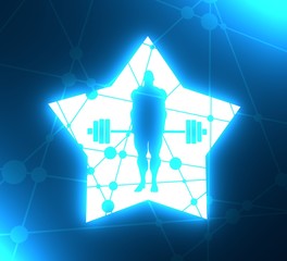 bodybuilder and barbell silhouettes. Star shape con of the posing athlete. Connected lines with dots. 3D rendering. Neon bulb illumination