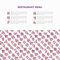 Fototapeta na wymiar Restaurant menu concept with thin line icons: starters, chef dish, BBQ, soup, beef, steak, beverage, fish, salad, pizza, wine, seafood, burger. Modern vector illustration for print media, banner.