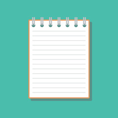 opened notebook with lined sheet, flat vector illustration