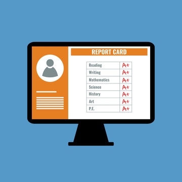 Online School Report Card With A Plus Grades, Flat Design Vector Illustration