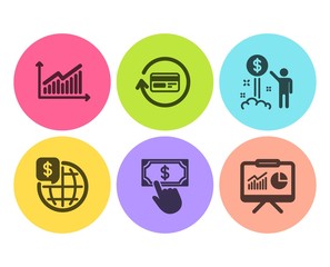 Graph, World money and Refund commission icons simple set. Payment click, Income money and Presentation signs. Presentation diagram, Global markets. Finance set. Flat graph icon. Circle button. Vector