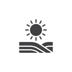 Sun and field vector icon. Agricultural landscape filled flat sign for mobile concept and web design. Sunrise and farm field glyph icon. Farming symbol, logo illustration. Vector graphics