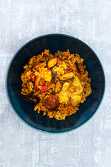 Prawn with rice - closeup of prawn with rice - traditionnal spanish food paella