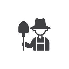 Farmer with shovel vector icon. filled flat sign for mobile concept and web design. Gardener with spade glyph icon. Agriculture, Farming and Gardening symbol, logo illustration. Pixel perfect vector