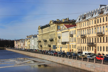 Historical old buildings on Fontanka river embankment in Saint Petersburg, Russia