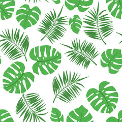 Tropical seamless pattern with palm and monstera leaves.