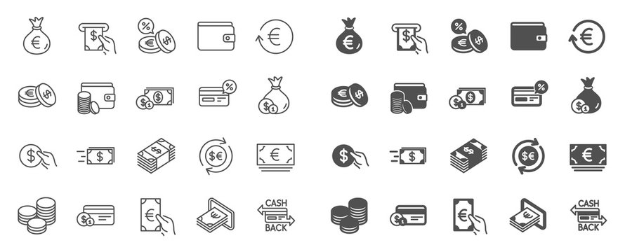 Money wallet line icons. Set of Credit card, Cash and Coins icons. Banking, Currency exchange and Cashback service. Wallet, Euro and Dollar money, credit card. Cash exchange, bank payment. Vector