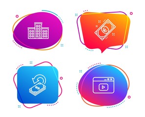 Company, Euro money and Cashback icons simple set. Video content sign. Building, Cash, Financial transfer. Browser window. Speech bubble company icon. Colorful banners design set. Vector