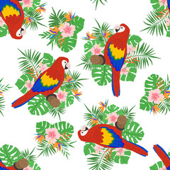 Seamless pattern with tropical leaves, flowers and parrots.