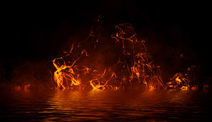 Texture of fire with reflection in water. Flames on isolated black background. Texture for banner,card .