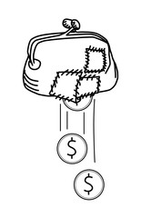 Obraz premium Money falling through hole in torn purse. Bad budget management, overspending, costs, expenses, losses, poverty concept. EPS 10 vector illustration