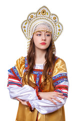 Traditional Russian folk costume, portrait of a young beautiful girl