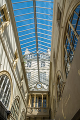 PARIS, FRANCE - APRIL 18, 2018 Panorama of the Roof glass arches of the Passage Choiseul in Paris