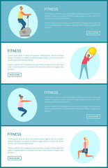 Sport and fitness trainings tips online web page vector. Exercise bike and bending over with ball, squats and lunges with dumbbells, workout plan