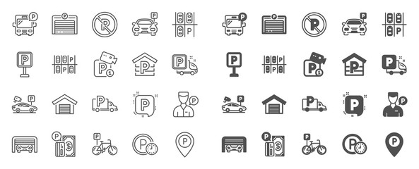 Parking line icons. Car garage, Valet servant and Paid transport parking icons. Video monitoring, Bike or Car park and Truck or Bus transport garage. Money payment, Map pointer and Free park. Vector - obrazy, fototapety, plakaty