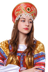 Traditional Russian folk costume, portrait of a young beautiful girl
