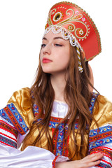 Traditional Russian folk costume, portrait of a young beautiful girl