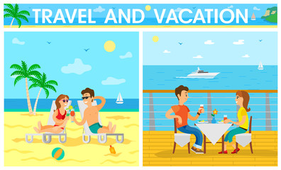 Obraz na płótnie Canvas People spending time by seaside relaxing together vector. Sunshine on beach, seaside and seascape, summer vacation holidays of couple, romantic dinner